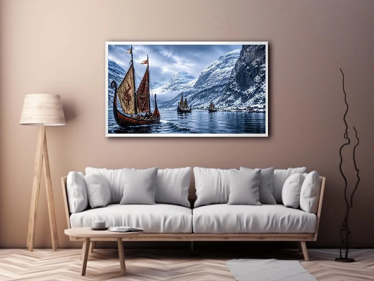 Viking longships in a snowy fjord