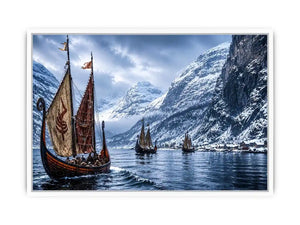 Viking longships in a snowy fjord