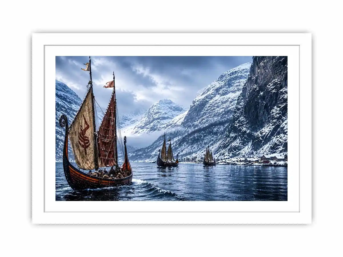 Viking longships in a snowy fjord