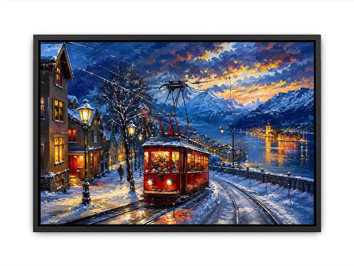 Snowy lakeside tram at dusk