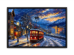 Snowy lakeside tram at dusk