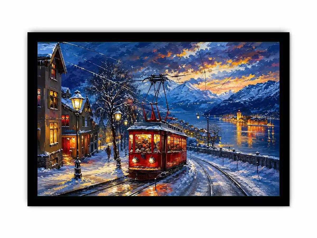 Snowy lakeside tram at dusk