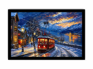 Snowy lakeside tram at dusk