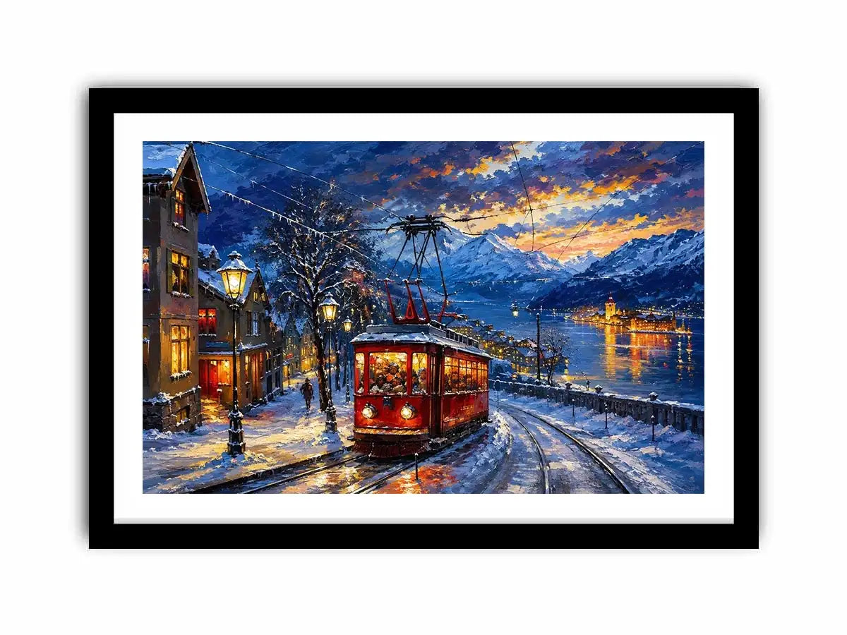 Snowy lakeside tram at dusk