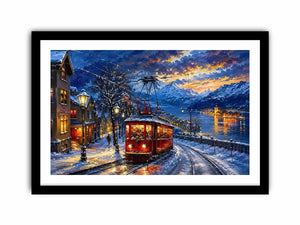 Snowy lakeside tram at dusk