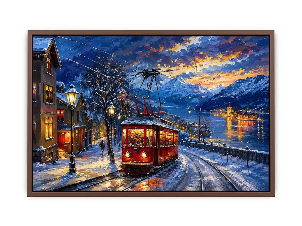 Snowy lakeside tram at dusk