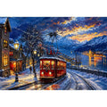 Snowy lakeside tram at dusk