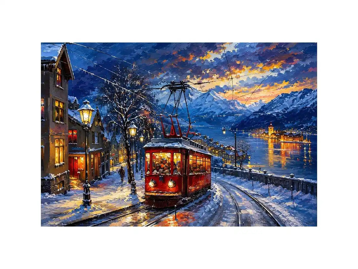 Snowy lakeside tram at dusk