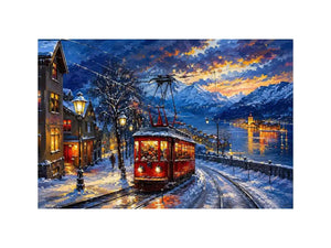 Snowy lakeside tram at dusk