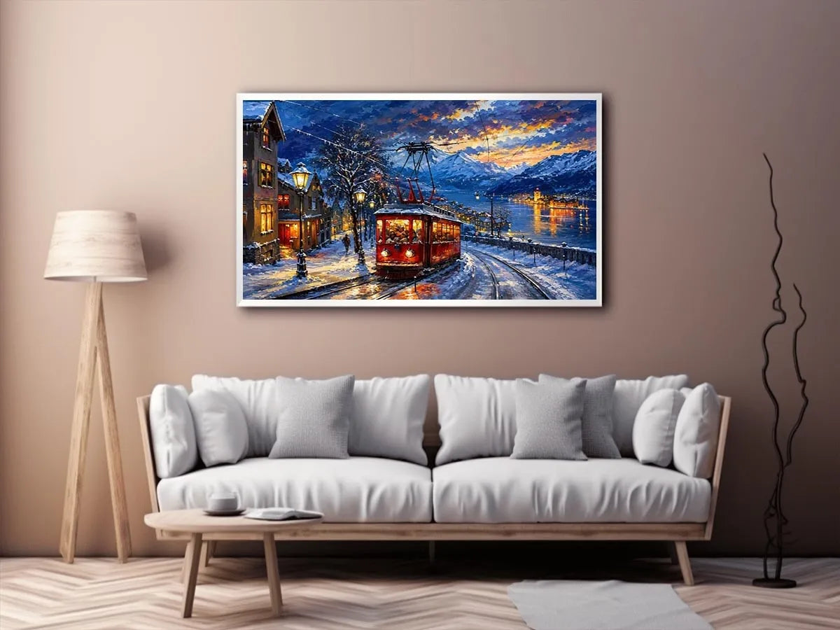 Snowy lakeside tram at dusk