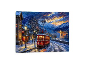Snowy lakeside tram at dusk