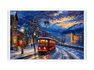 Snowy lakeside tram at dusk