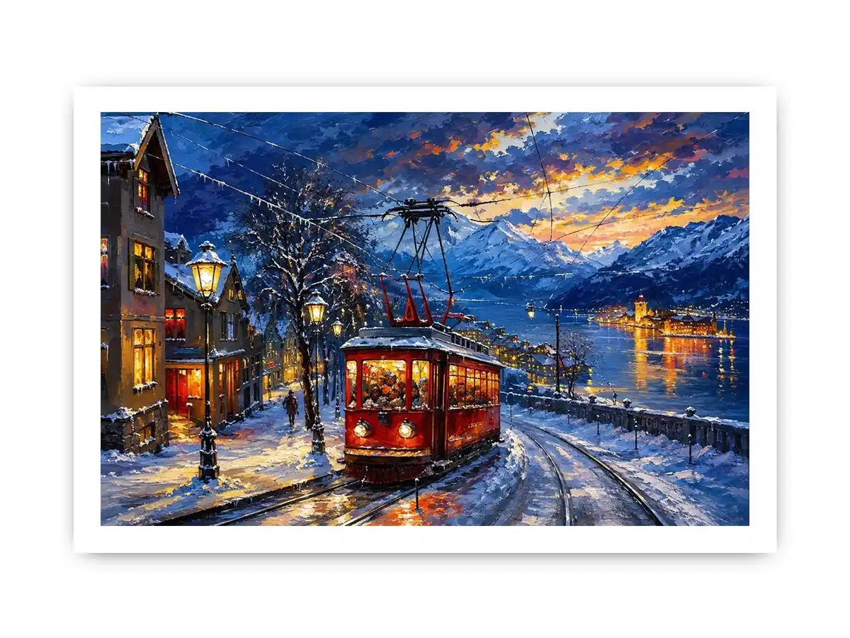 Snowy lakeside tram at dusk