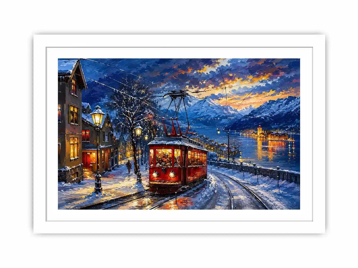 Snowy lakeside tram at dusk
