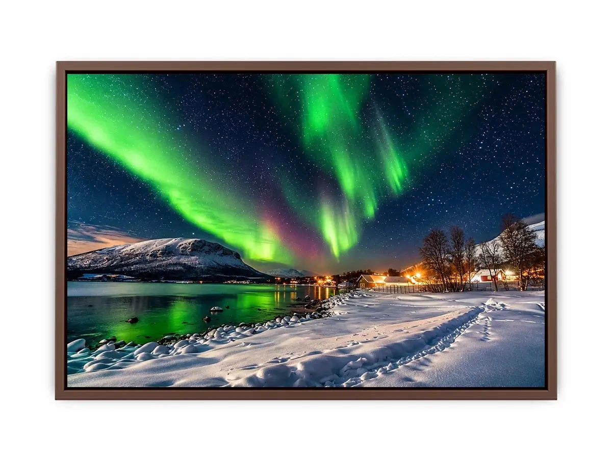 Northern lights over a winter village