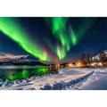 Northern lights over a winter village