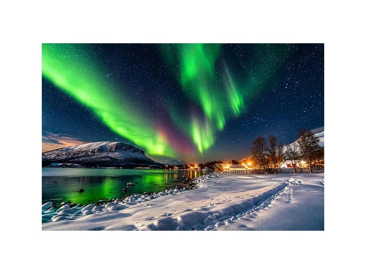 Northern lights over a winter village