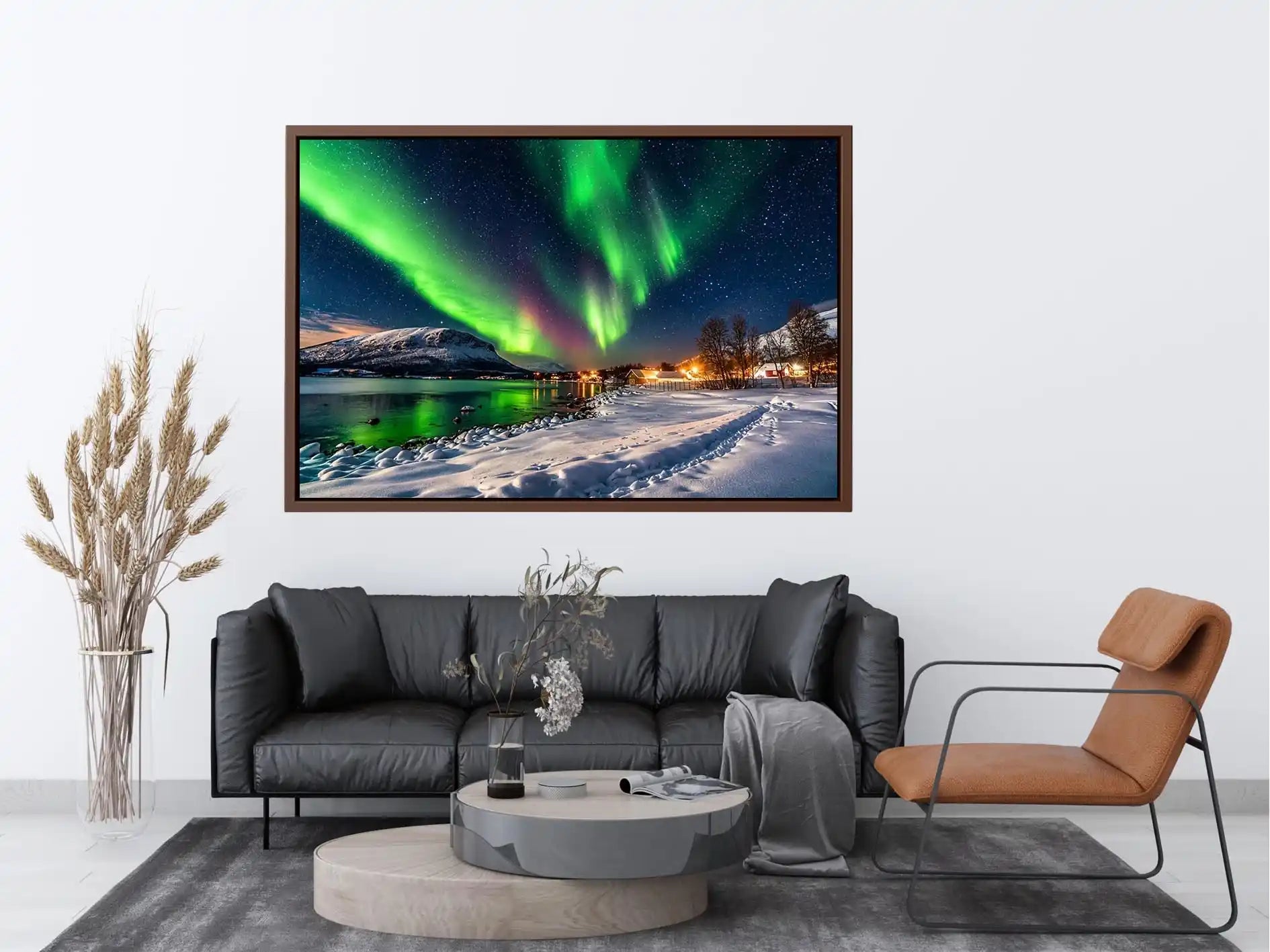 Northern lights over a winter village