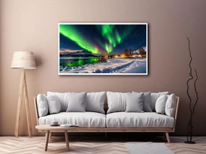 Northern lights over a winter village