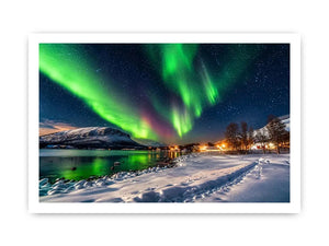 Northern lights over a winter village