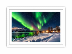 Northern lights over a winter village
