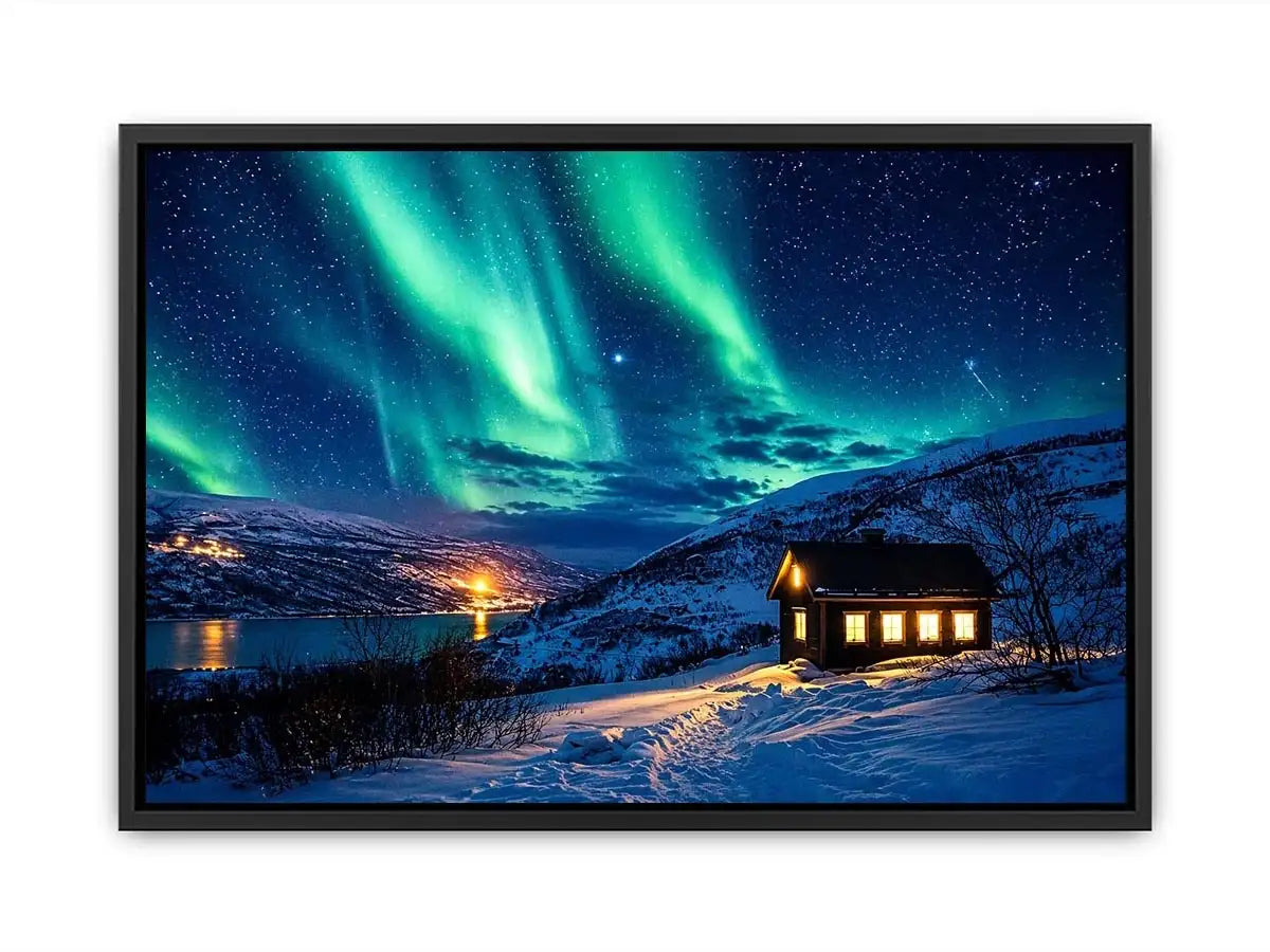 Aurora over a cozy cabin retreat