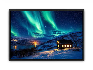 Aurora over a cozy cabin retreat