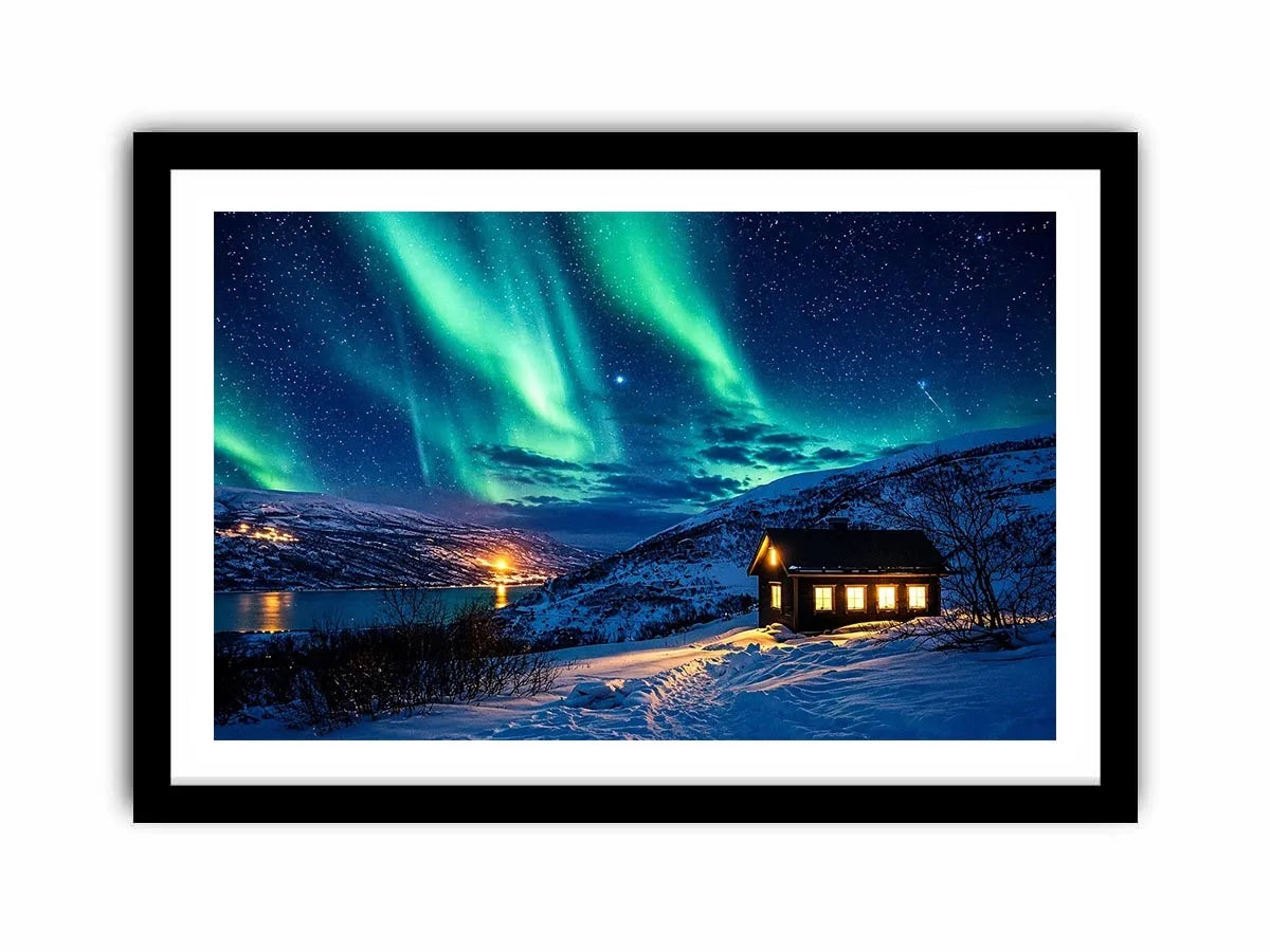 Aurora over a cozy cabin retreat