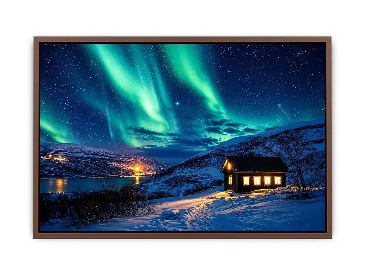 Aurora over a cozy cabin retreat