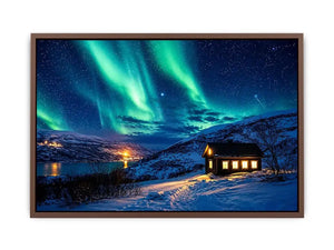 Aurora over a cozy cabin retreat
