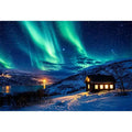 Aurora over a cozy cabin retreat