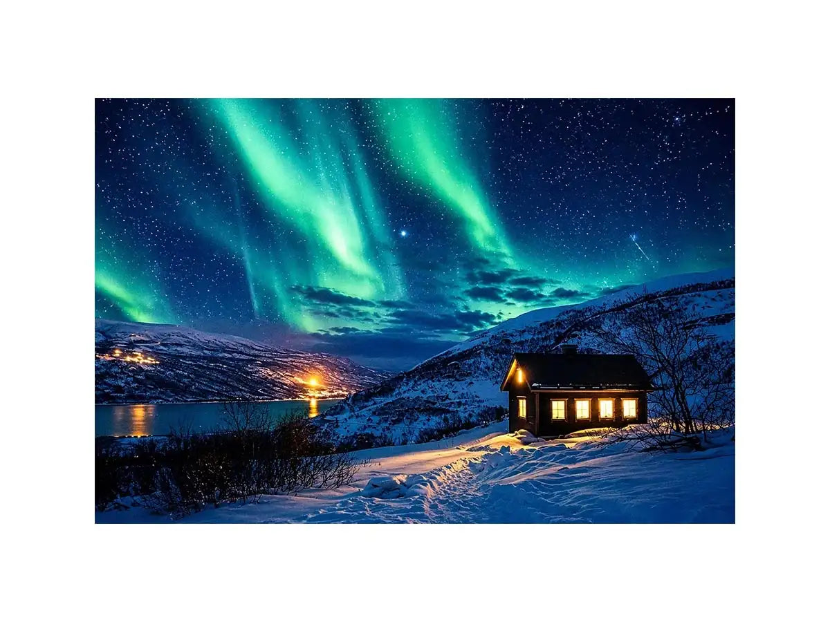 Aurora over a cozy cabin retreat