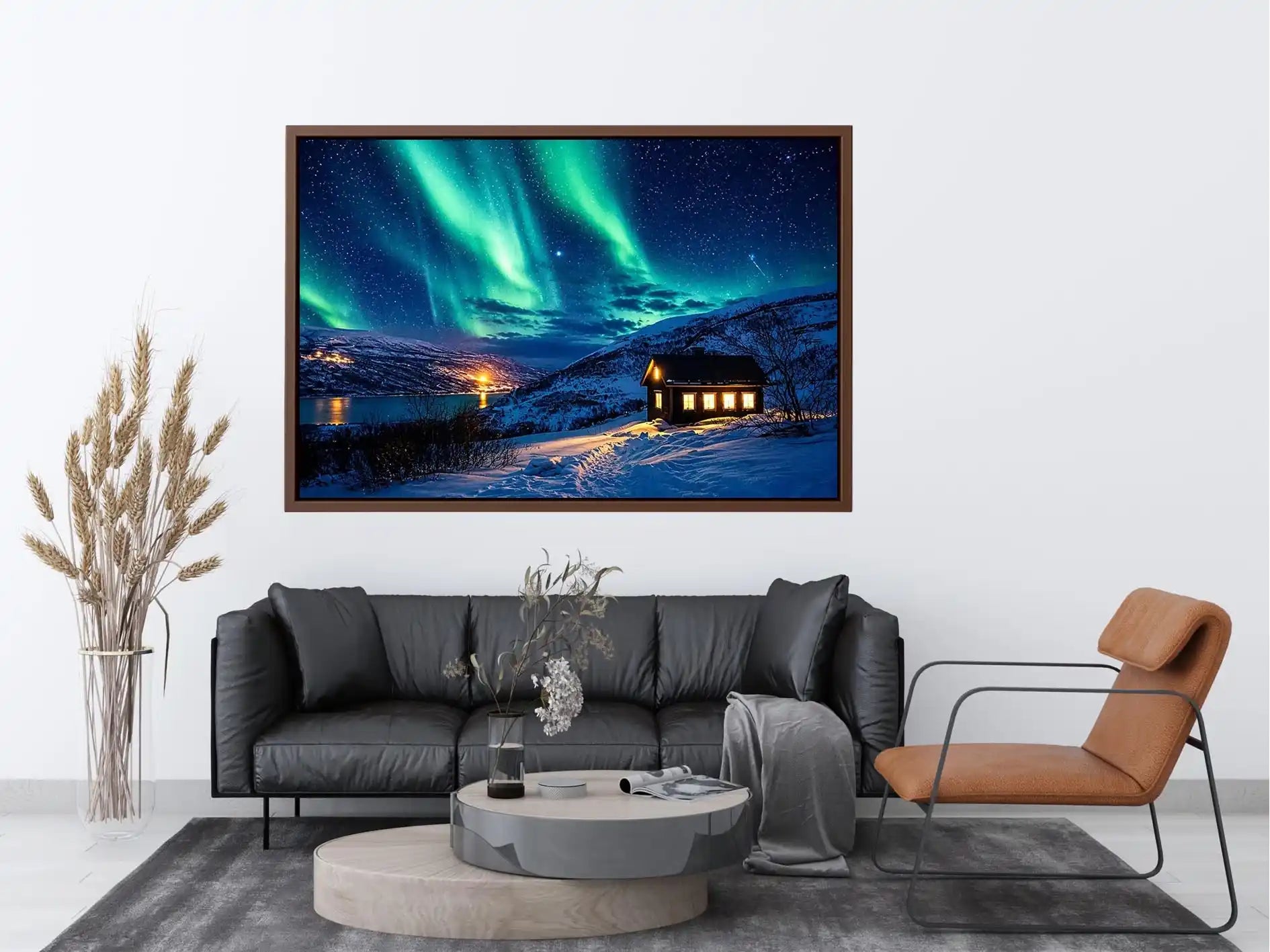Aurora over a cozy cabin retreat