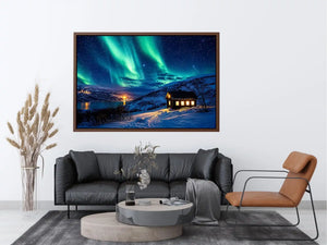 Aurora over a cozy cabin retreat