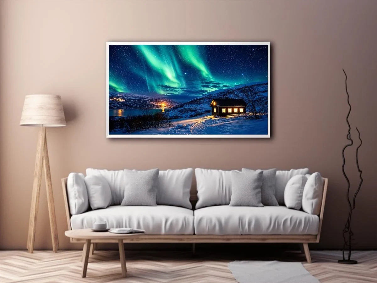 Aurora over a cozy cabin retreat