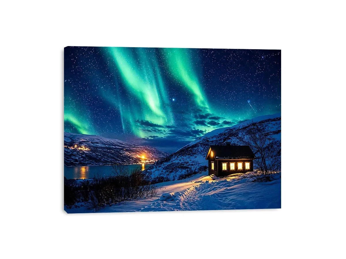 Aurora over a cozy cabin retreat
