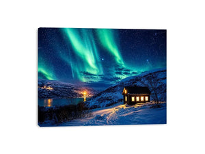 Aurora over a cozy cabin retreat