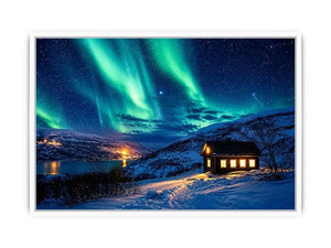 Aurora over a cozy cabin retreat