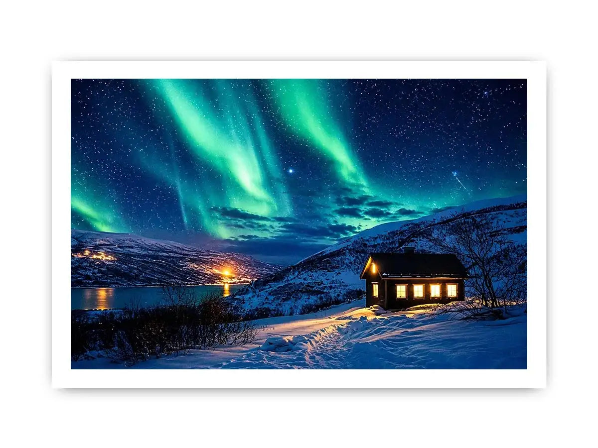 Aurora over a cozy cabin retreat