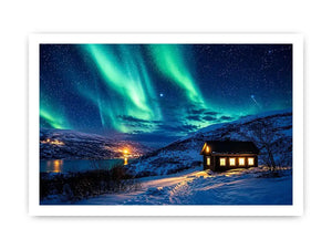 Aurora over a cozy cabin retreat