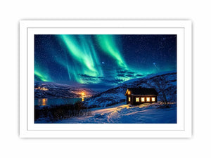 Aurora over a cozy cabin retreat