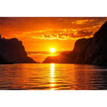 Golden sunset over fjord cliffs