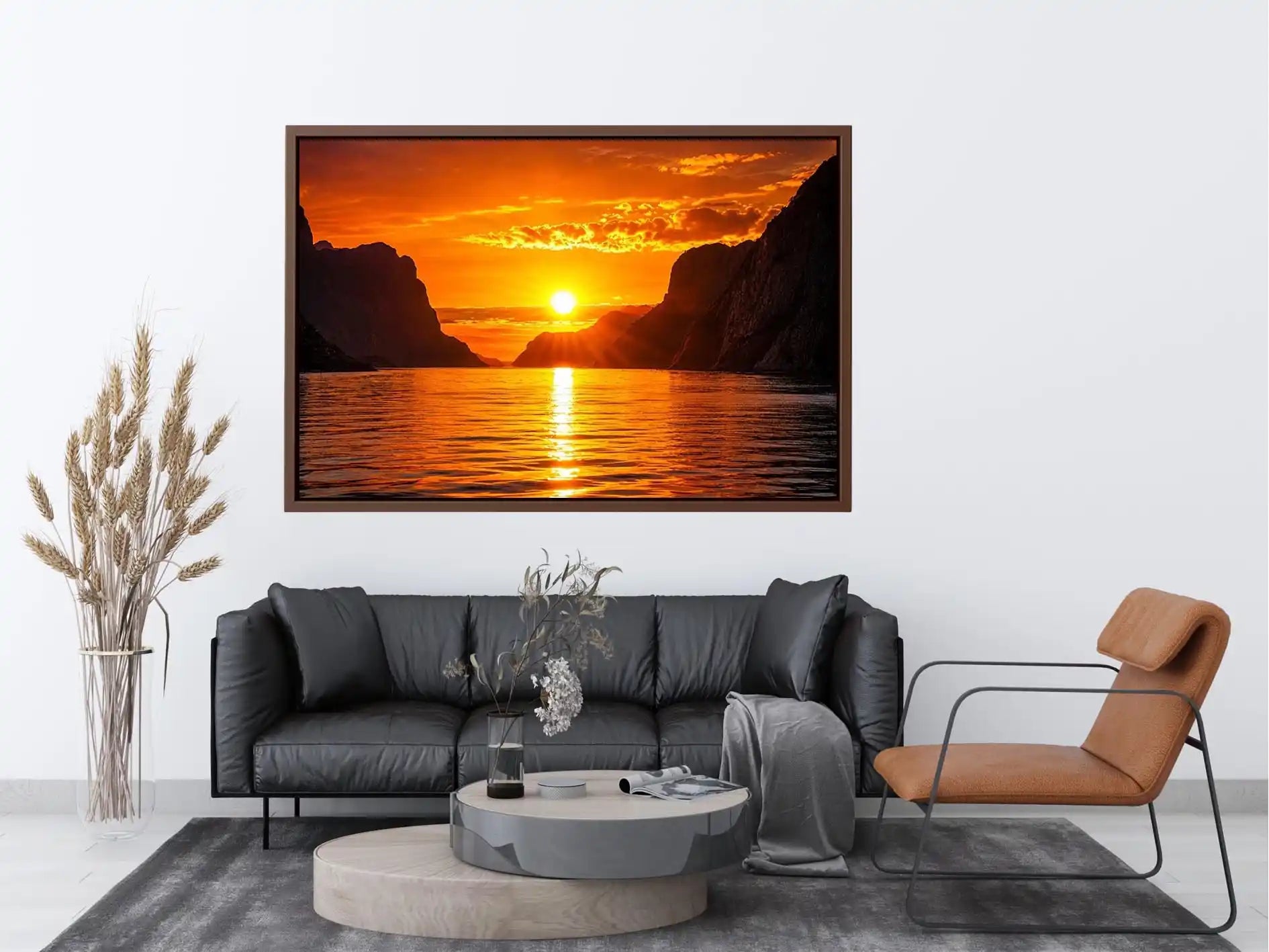 Golden sunset over fjord cliffs