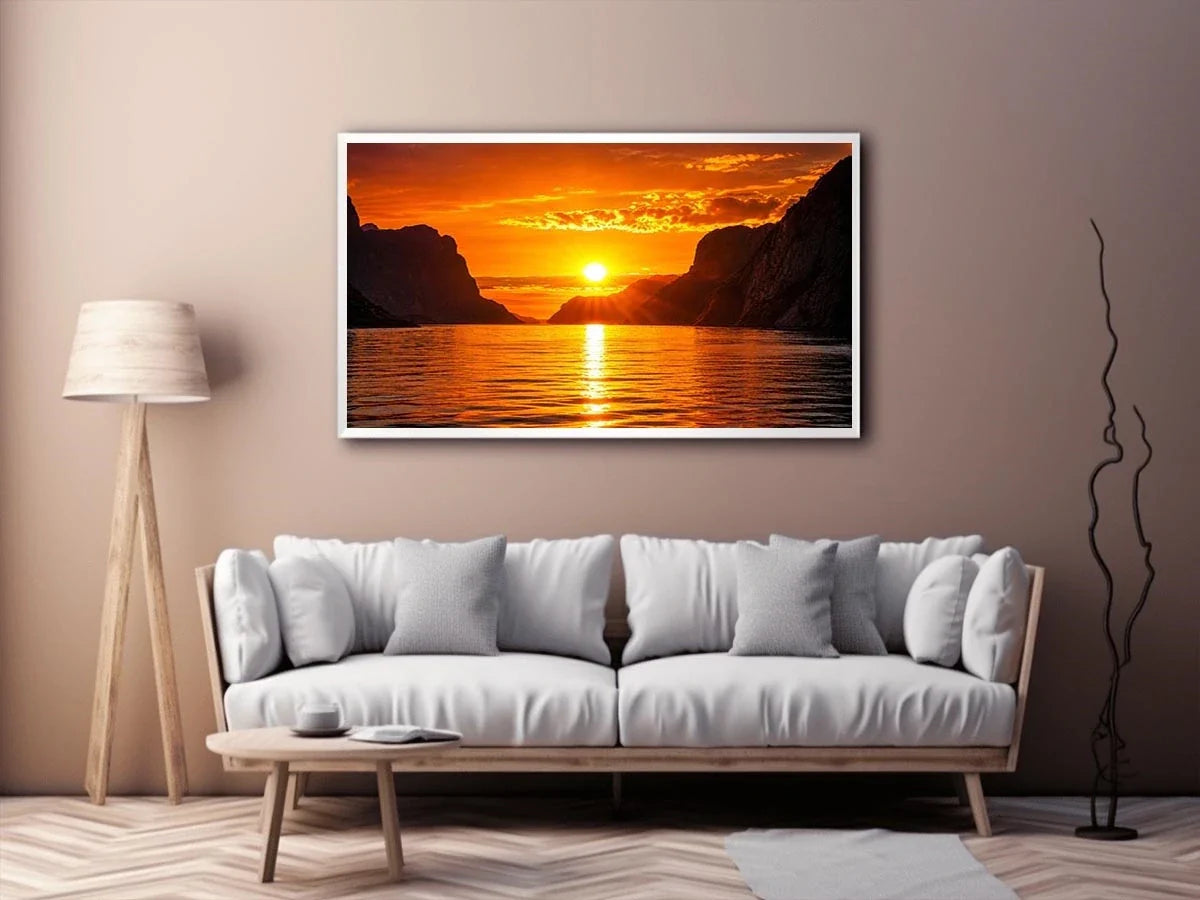 Golden sunset over fjord cliffs