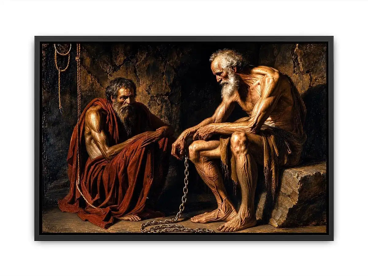 Elderly figures in a dim cavern