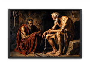 Elderly figures in a dim cavern