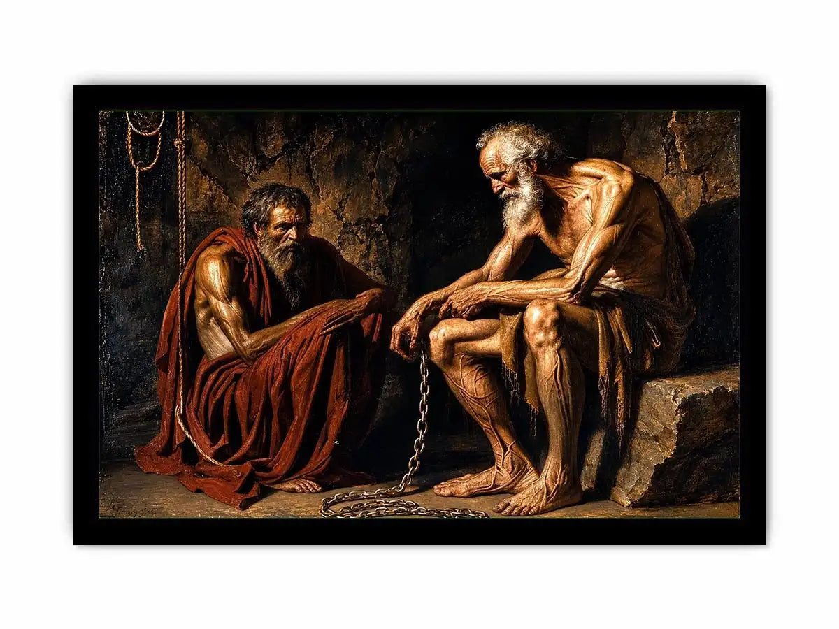 Elderly figures in a dim cavern