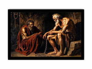 Elderly figures in a dim cavern