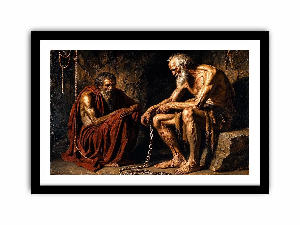 Elderly figures in a dim cavern