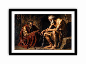 Elderly figures in a dim cavern